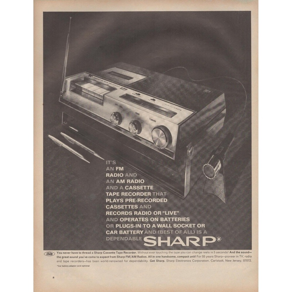 Sharp FM AM Cassette Tape Recorder Vintage Electronics Magazine Print Ad 1970